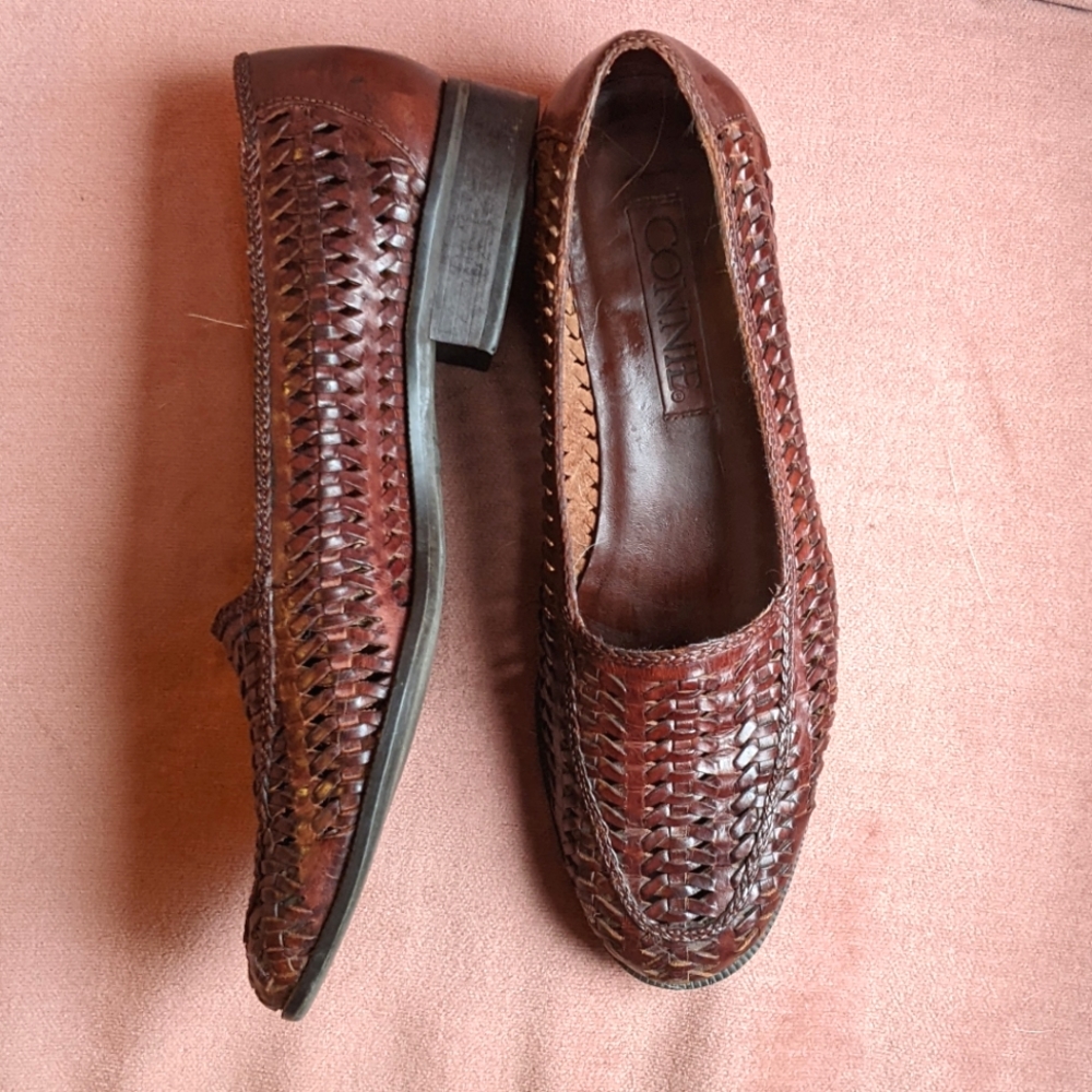 Leather Dark Brown Wicker 1 inch Heel Slip Ons | Connie 9.5